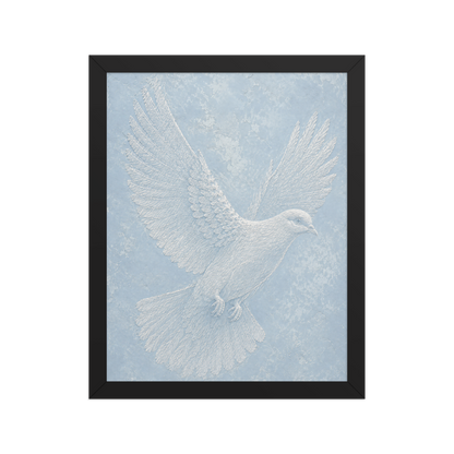 Framed peace dove print with embossed relief-look design on dusty blue textured background