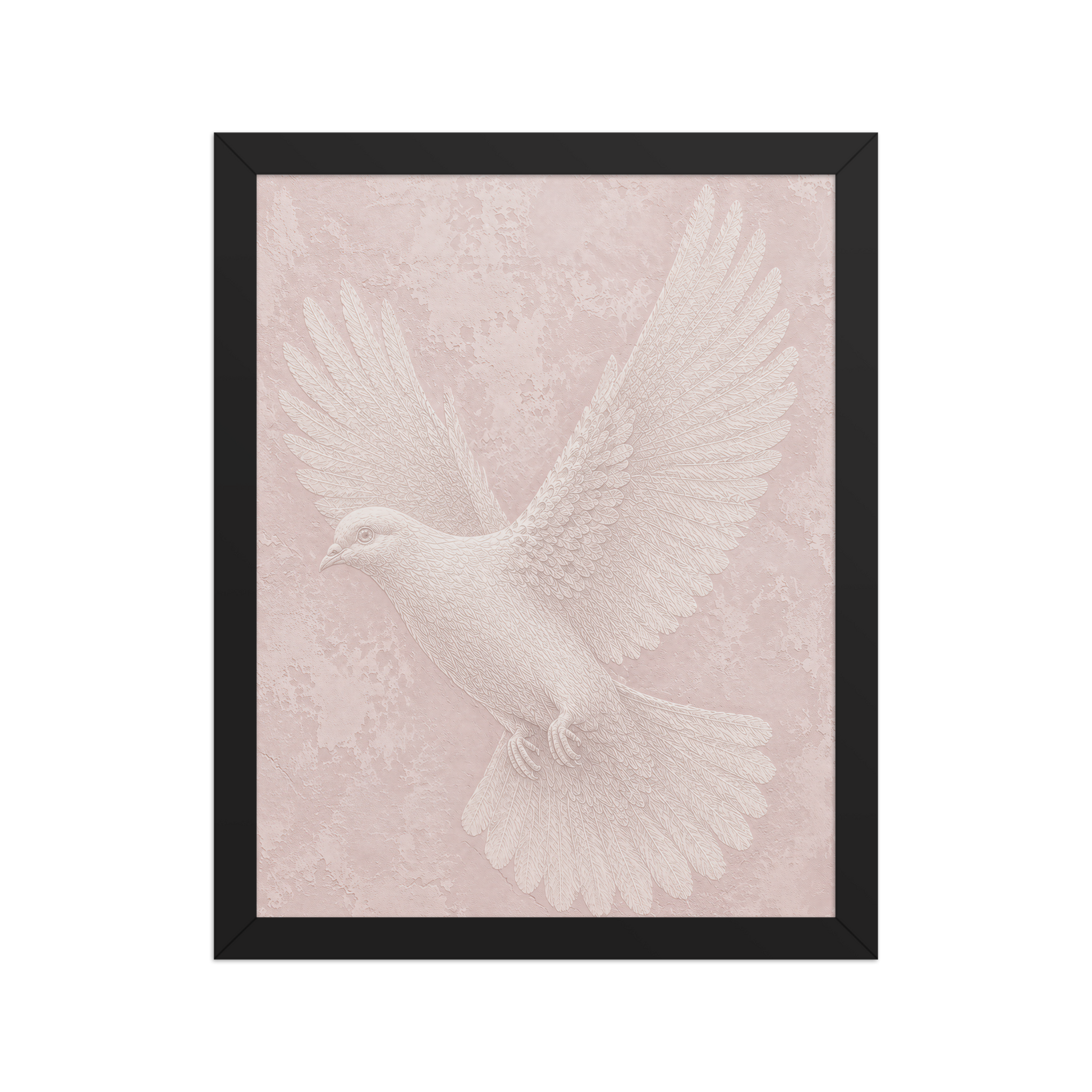 Framed peace dove print with embossed relief-look design on blush pink textured background
