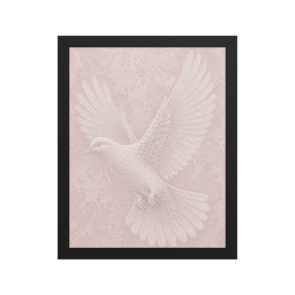 Framed peace dove print with embossed relief-look design on blush pink textured background