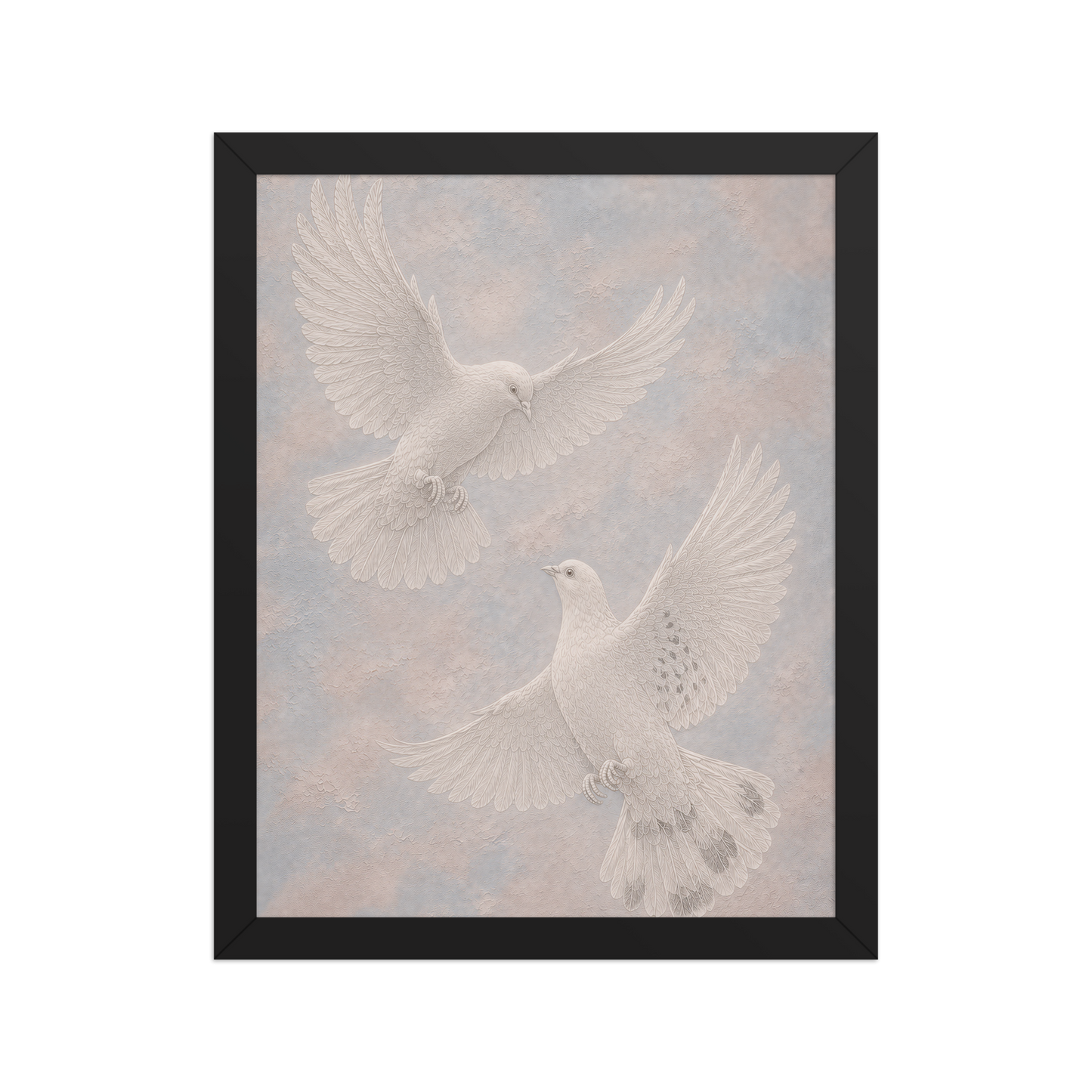 Framed two peace doves print with embossed relief-look design on dusty blue and blush textured background