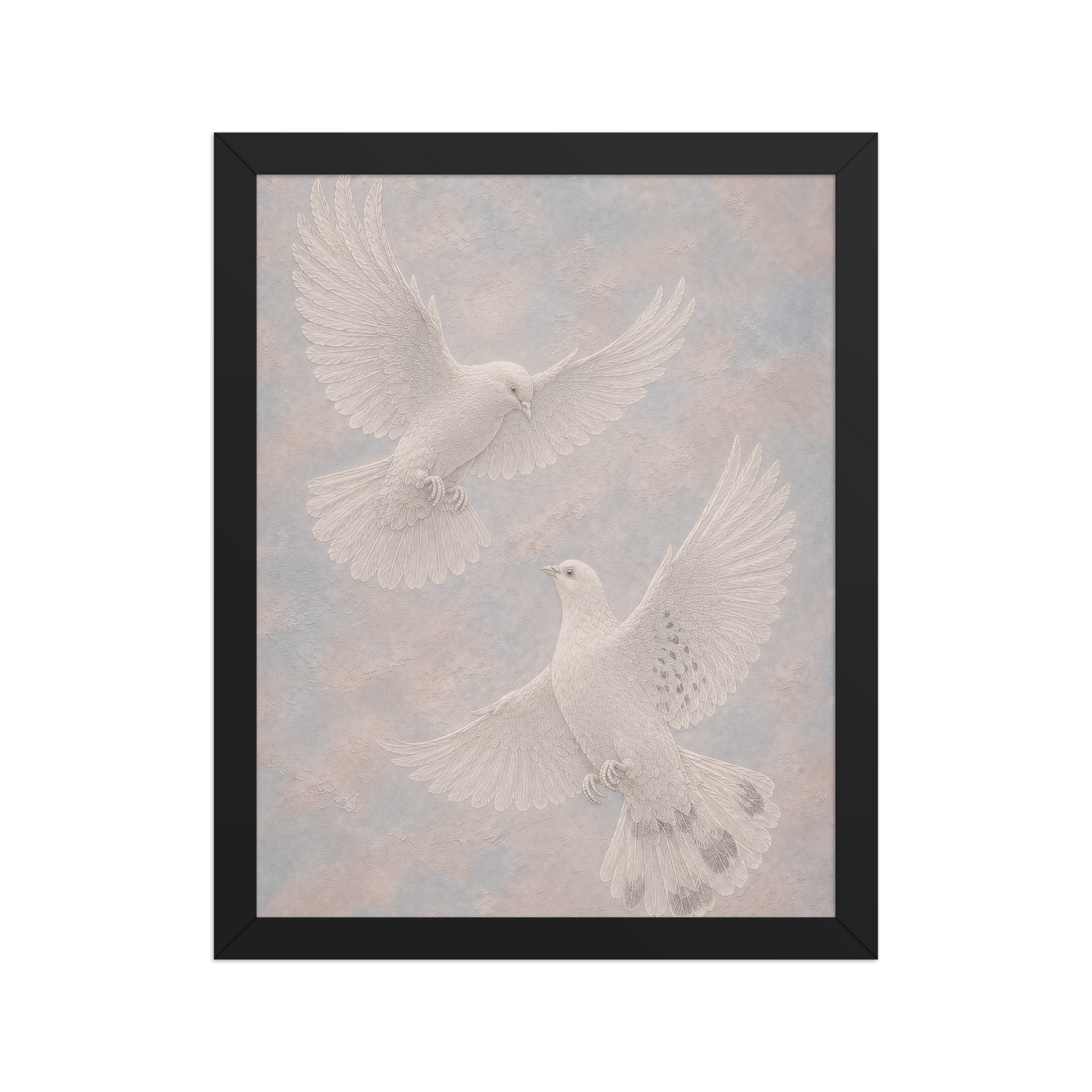 Framed two peace doves print with embossed relief-look design on dusty blue and blush textured background
