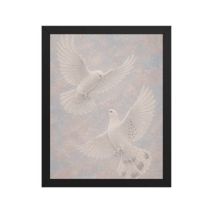 Framed two peace doves print with embossed relief-look design on dusty blue and blush textured background