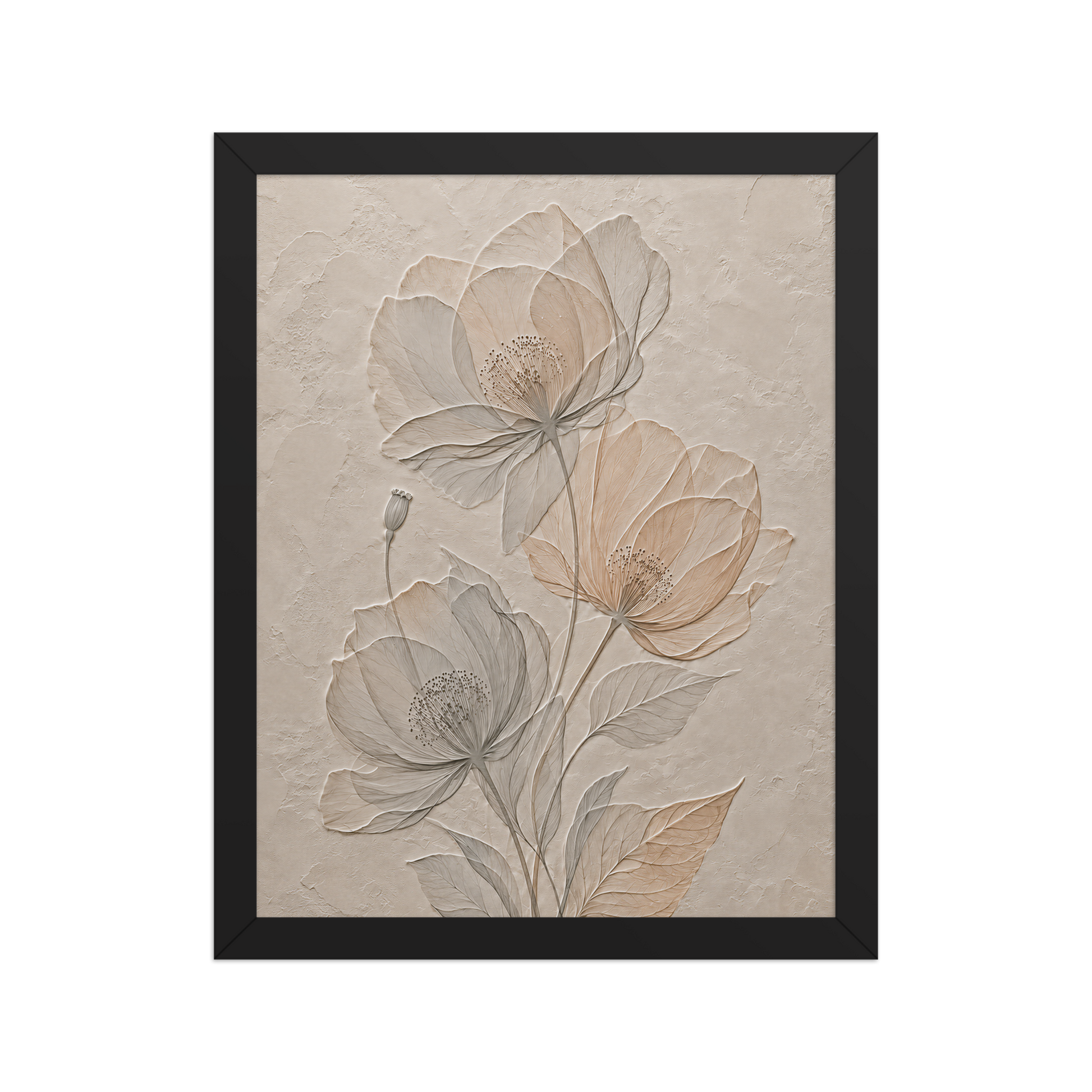 Framed wildflower bouquet print with embossed relief-look design on neutral beige textured background