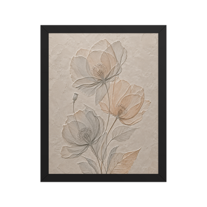 Framed wildflower bouquet print with embossed relief-look design on neutral beige textured background