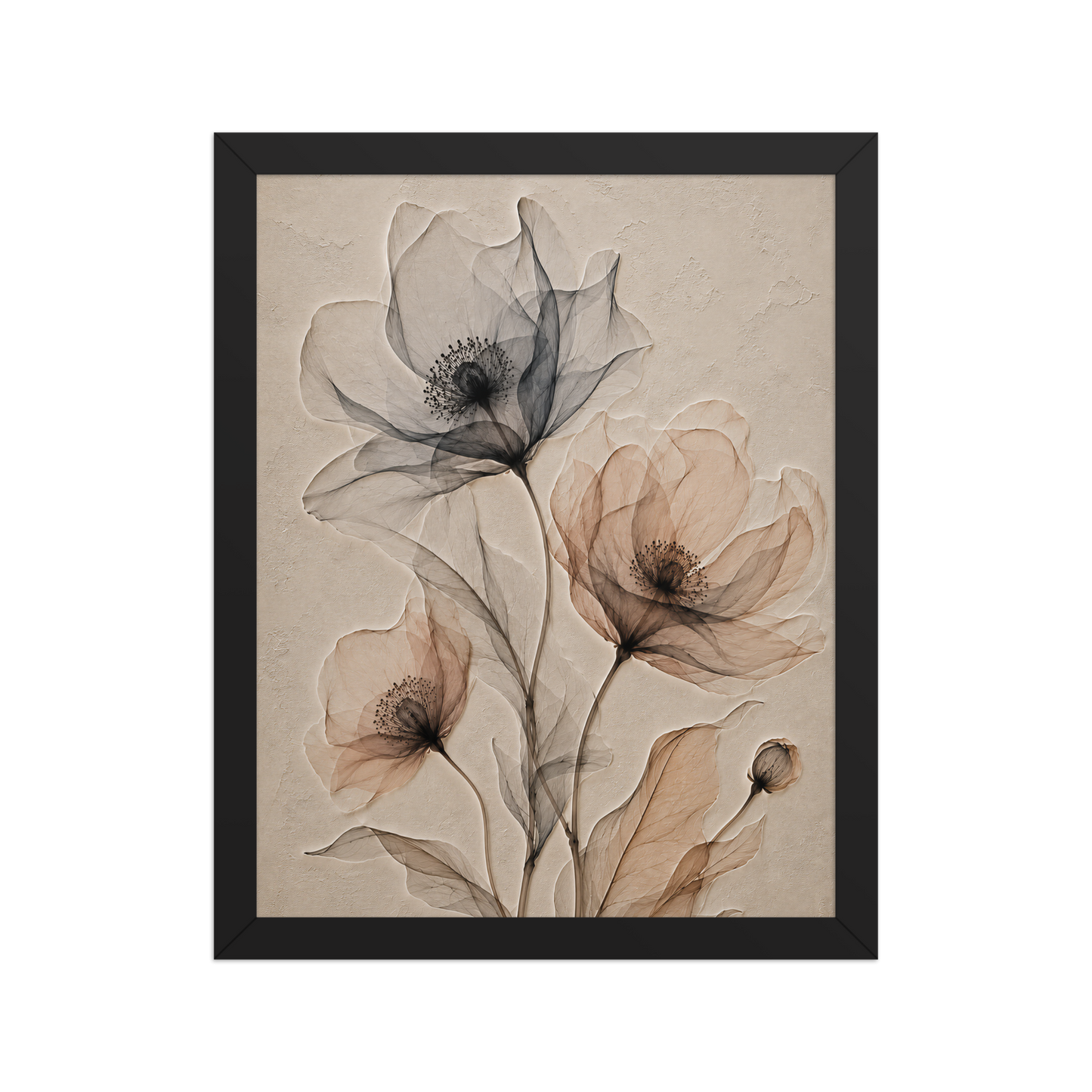 Framed wildflower trio print with embossed relief-look design in charcoal and clay tones on beige textured background