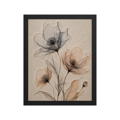 Framed wildflower trio print with embossed relief-look design in charcoal and clay tones on beige textured background