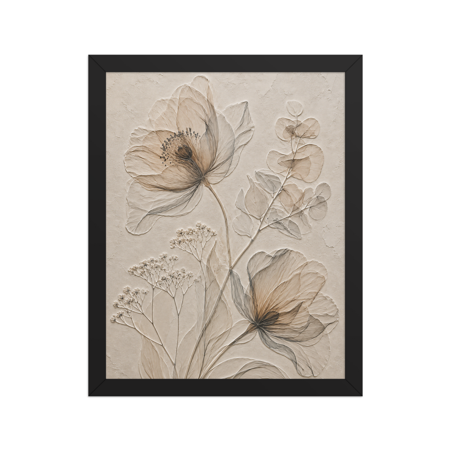 Framed botanical study print with embossed relief-look design in warm sepia tones on beige textured background