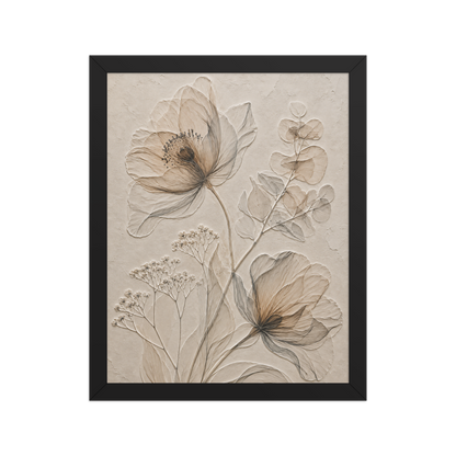 Framed botanical study print with embossed relief-look design in warm sepia tones on beige textured background