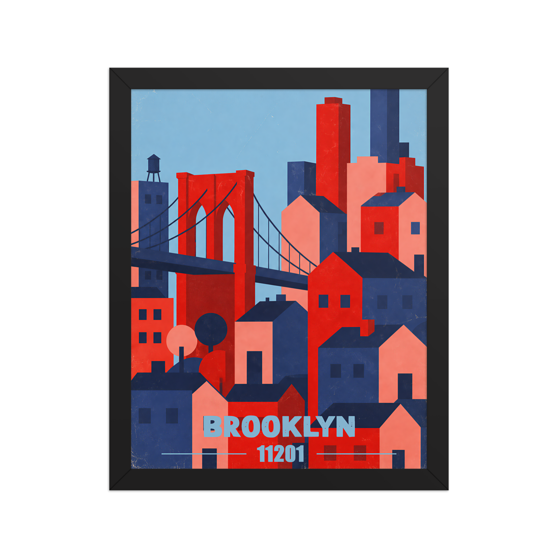 Framed Brooklyn Bridge retro travel poster, 11201 zip code wall art