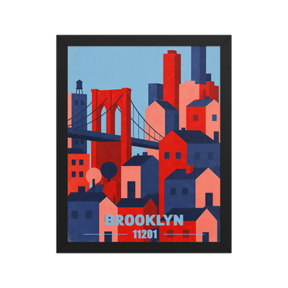 Framed Brooklyn Bridge retro travel poster, 11201 zip code wall art