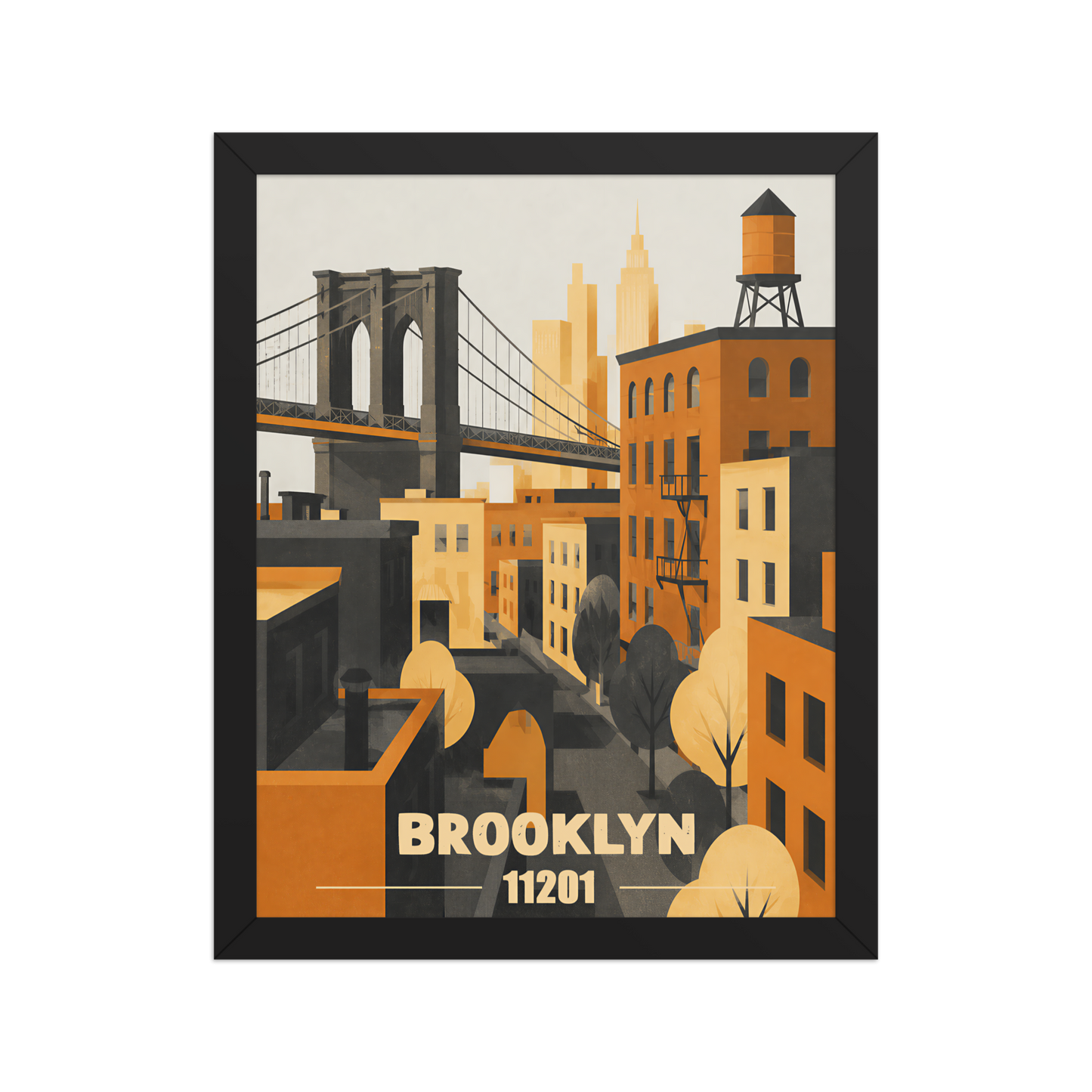Framed Brooklyn fire escape retro travel poster, 11201 zip code wall art