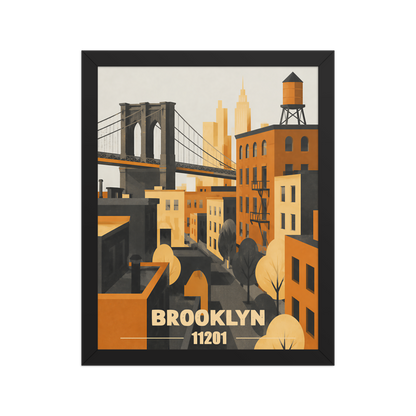 Framed Brooklyn fire escape retro travel poster, 11201 zip code wall art