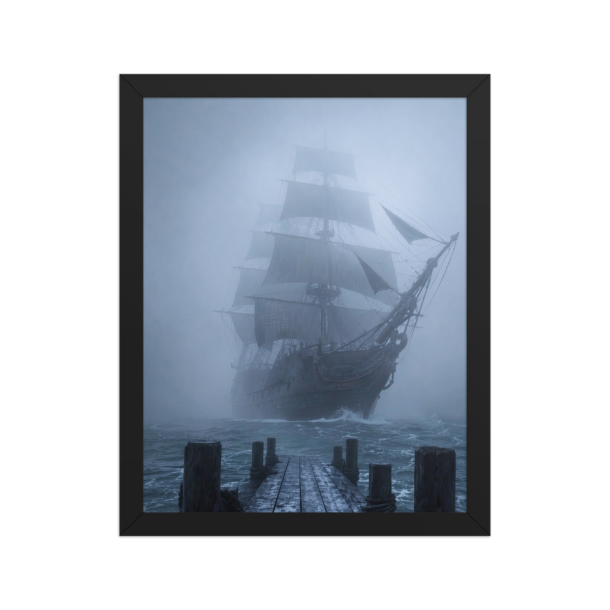 Ghost ship emerging from fog at dawn, dark moody framed wall art print ready to hang, JMTR Jeometry Store