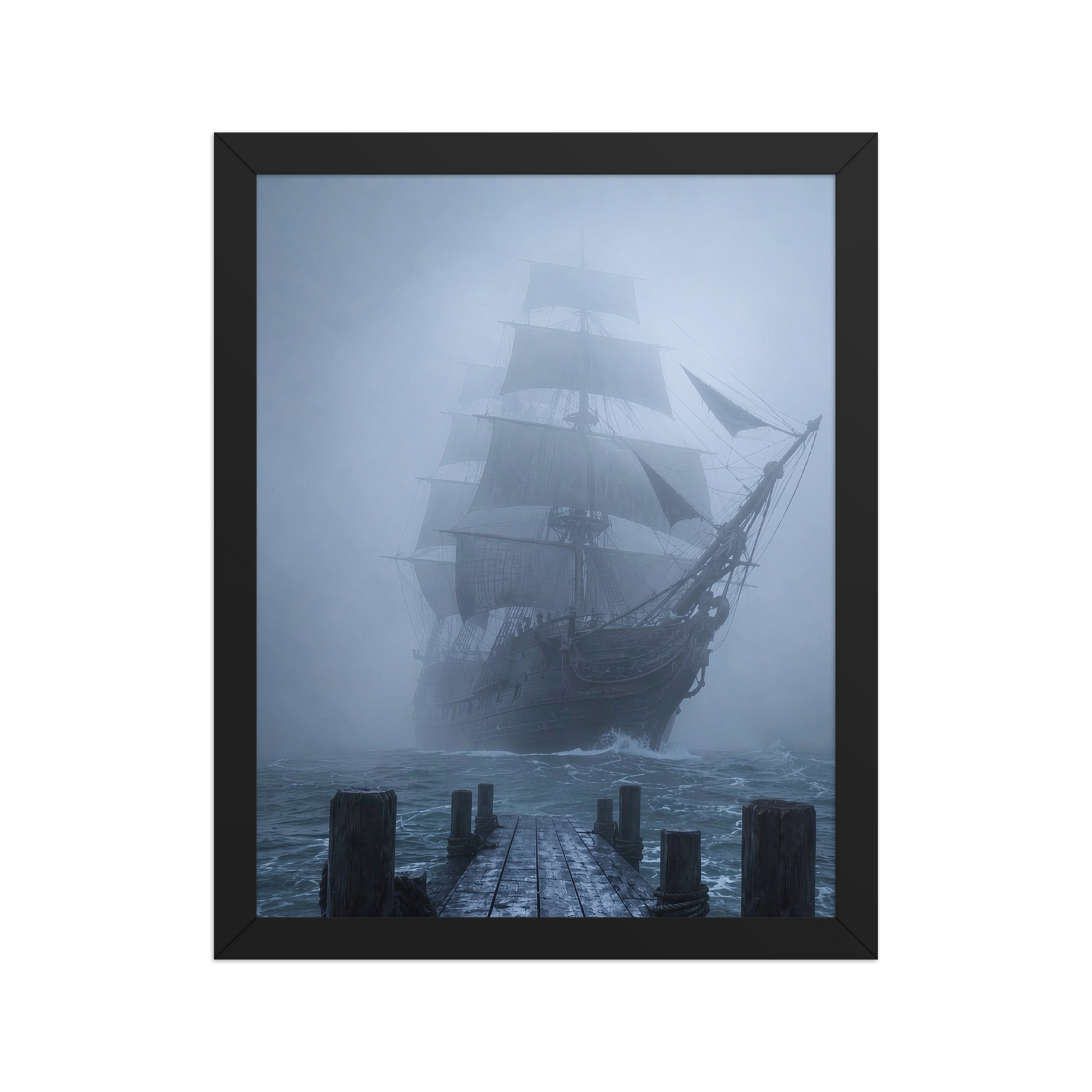 Ghost ship emerging from fog at dawn, dark moody framed wall art print ready to hang, JMTR Jeometry Store