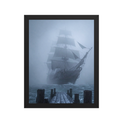Ghost ship emerging from fog at dawn, dark moody framed wall art print ready to hang, JMTR Jeometry Store