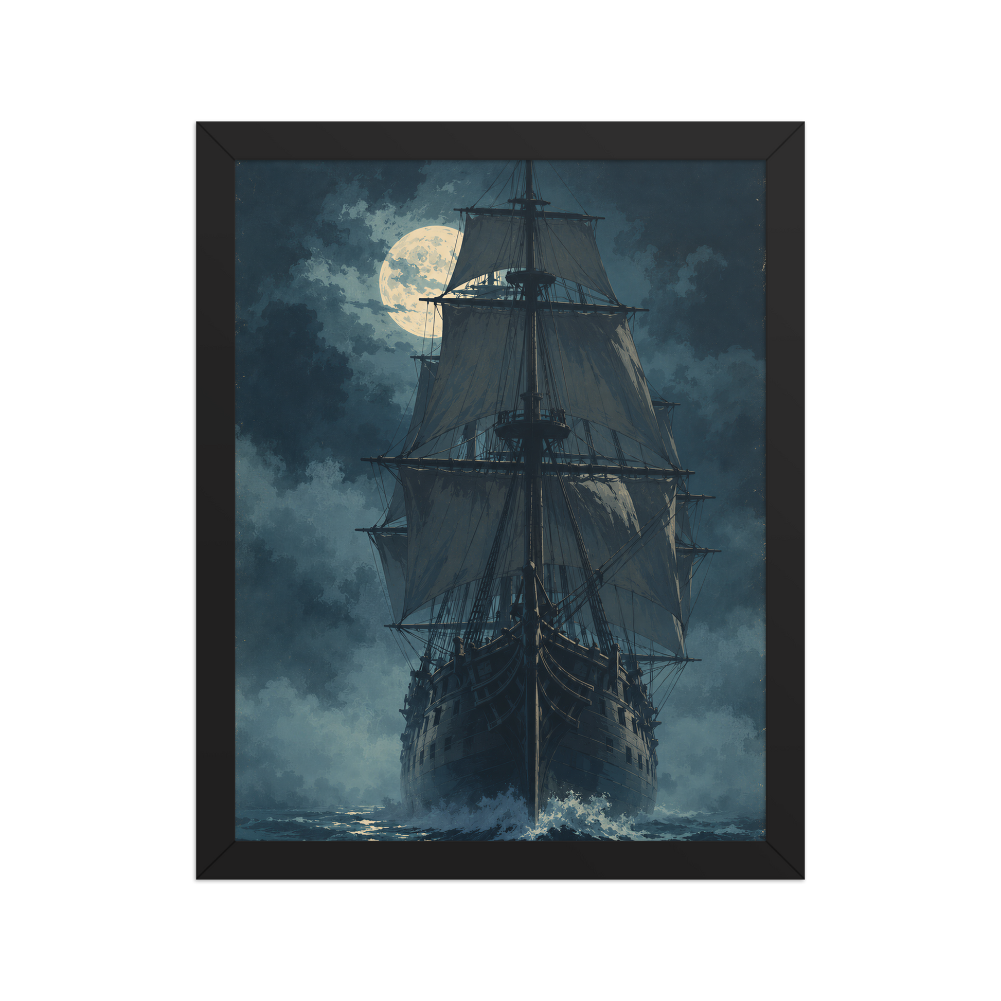 Tall ship sailing under full moon at night, vintage atmospheric nautical framed wall art print ready to hang, JMTR Jeometry Store