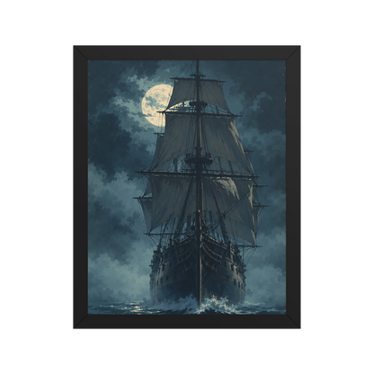 Tall ship sailing under full moon at night, vintage atmospheric nautical framed wall art print ready to hang, JMTR Jeometry Store