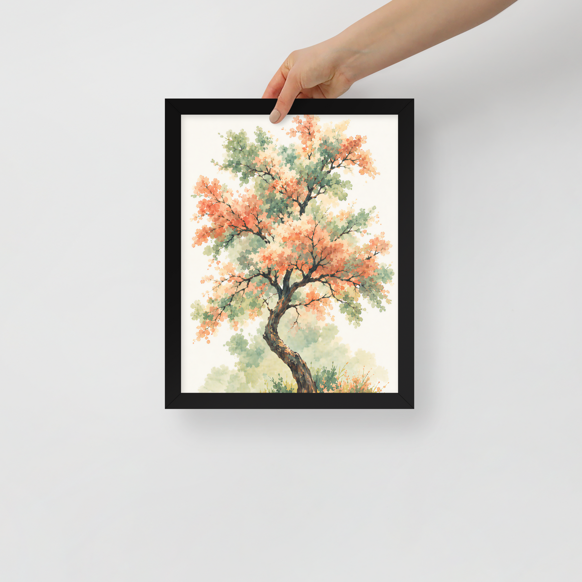 Watercolor painting of a blossoming tree with coral and sage green leaves, twisting trunk in a quiet meadow, framed wall art print ready to hang, JMTR Jeometry Store