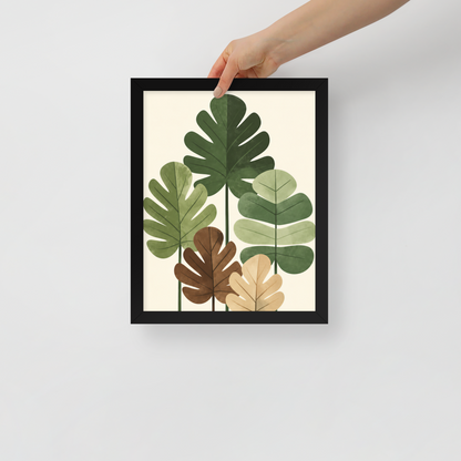 Illustrated fig leaves in shades of green, brown and gold with textured paper-like finish, framed wall art print ready to hang, JMTR Jeometry Store
