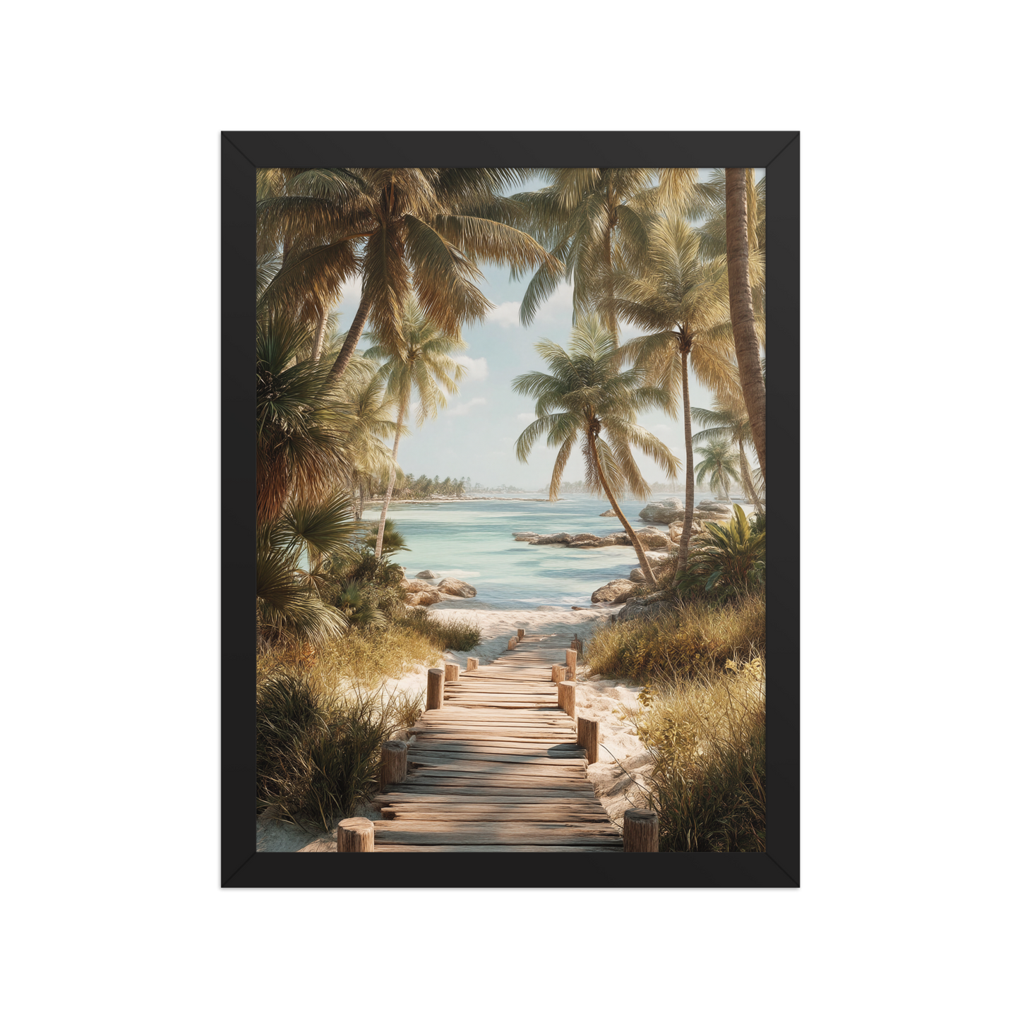 Wooden boardwalk path through tropical palm trees 
leading to calm turquoise beach, framed wall art print, 
black frame, JMTR Jeometry Store