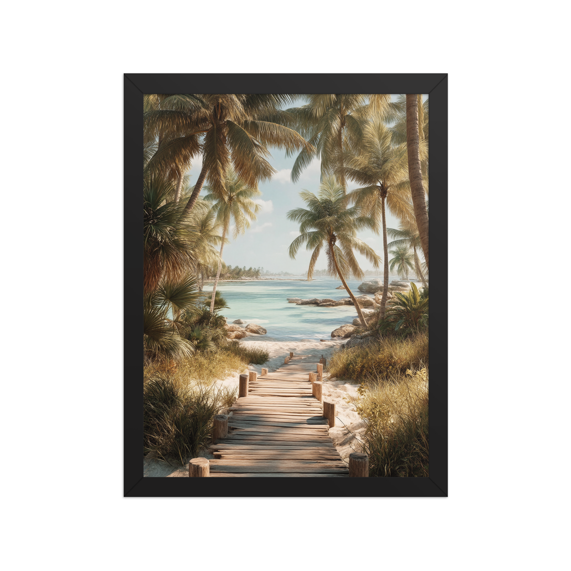 Wooden boardwalk path through tropical palm trees 
leading to calm turquoise beach, framed wall art print, 
black frame, JMTR Jeometry Store