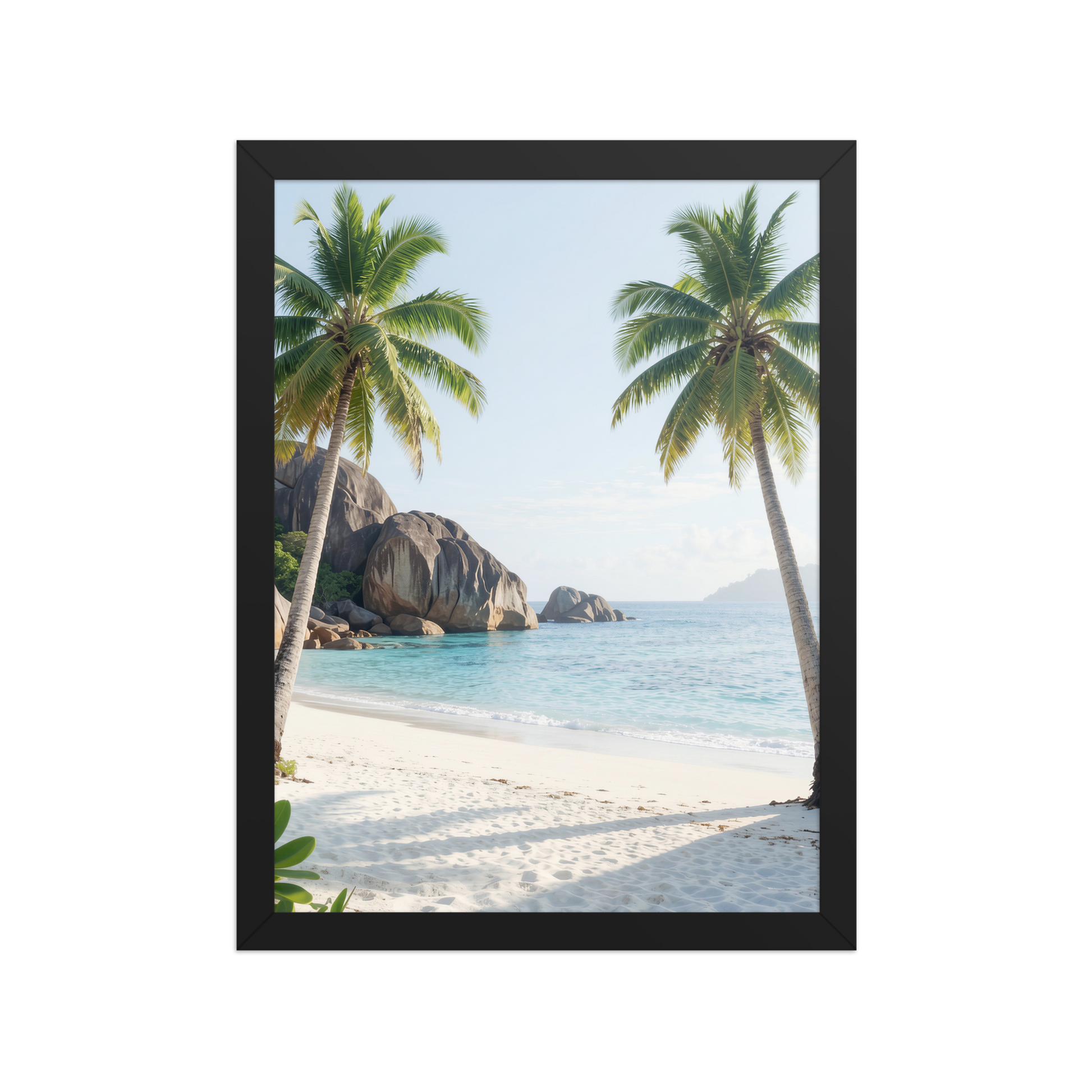 Framed tropical beach print with turquoise ocean, white sand and palm trees, ready to hang coastal wall art, JMTR Jeometry Store