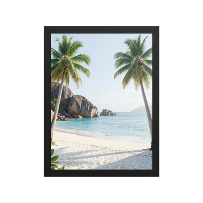 Framed tropical beach print with turquoise ocean, white sand and palm trees, ready to hang coastal wall art, JMTR Jeometry Store