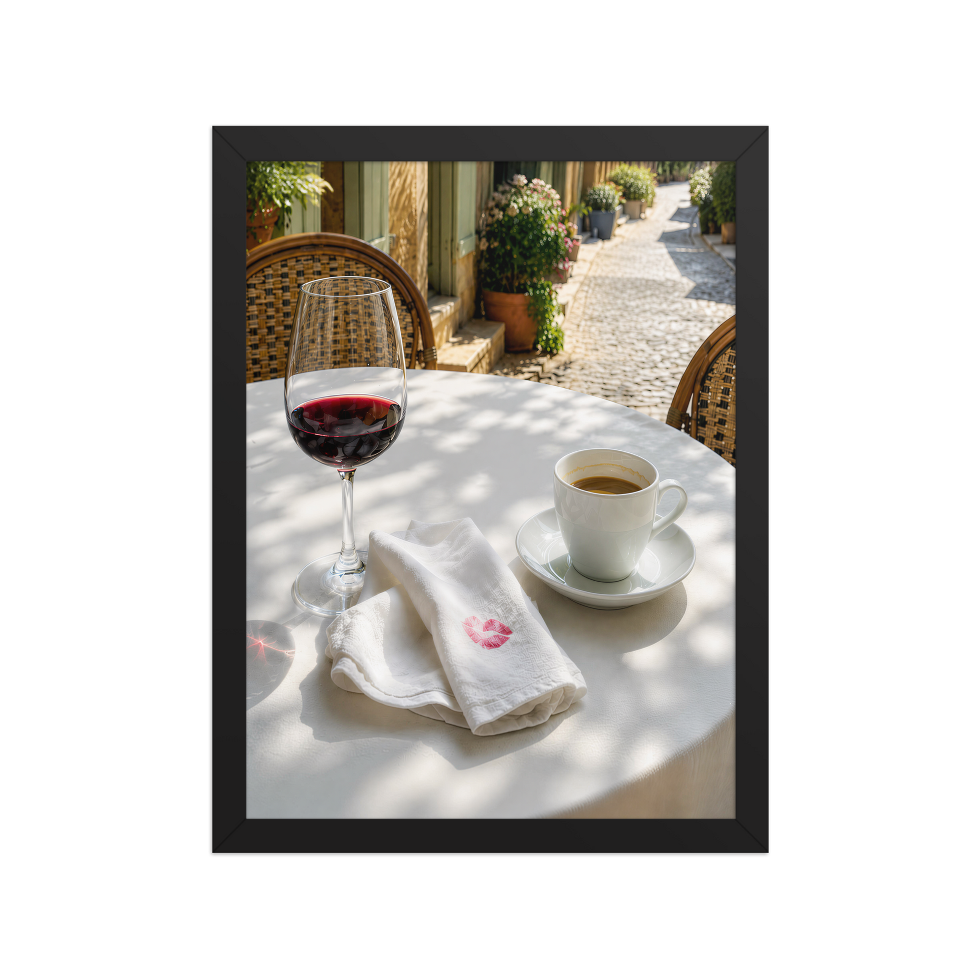 Framed sunlit café terrace print with red wine and espresso, ready to hang wall art, JMTR Jeometry Store