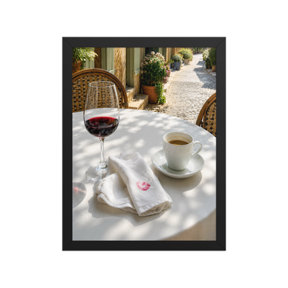Framed sunlit café terrace print with red wine and espresso, ready to hang wall art, JMTR Jeometry Store