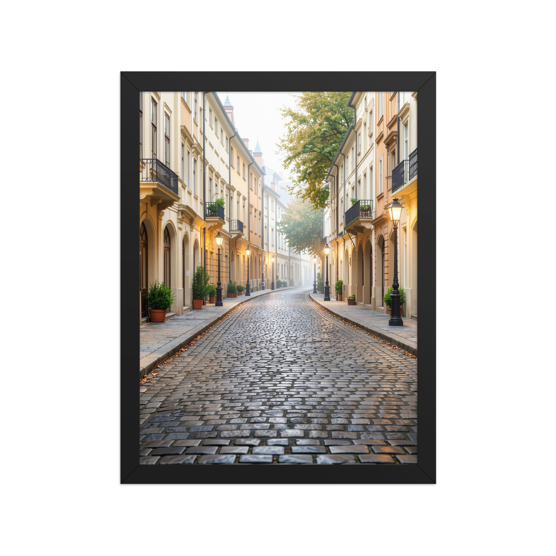 Framed European cobblestone street wall art, calm aesthetic old town morning fog poster, black frame, JMTR Jeometry Store