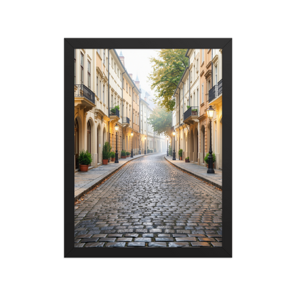 Framed European cobblestone street wall art, calm aesthetic old town morning fog poster, black frame, JMTR Jeometry Store