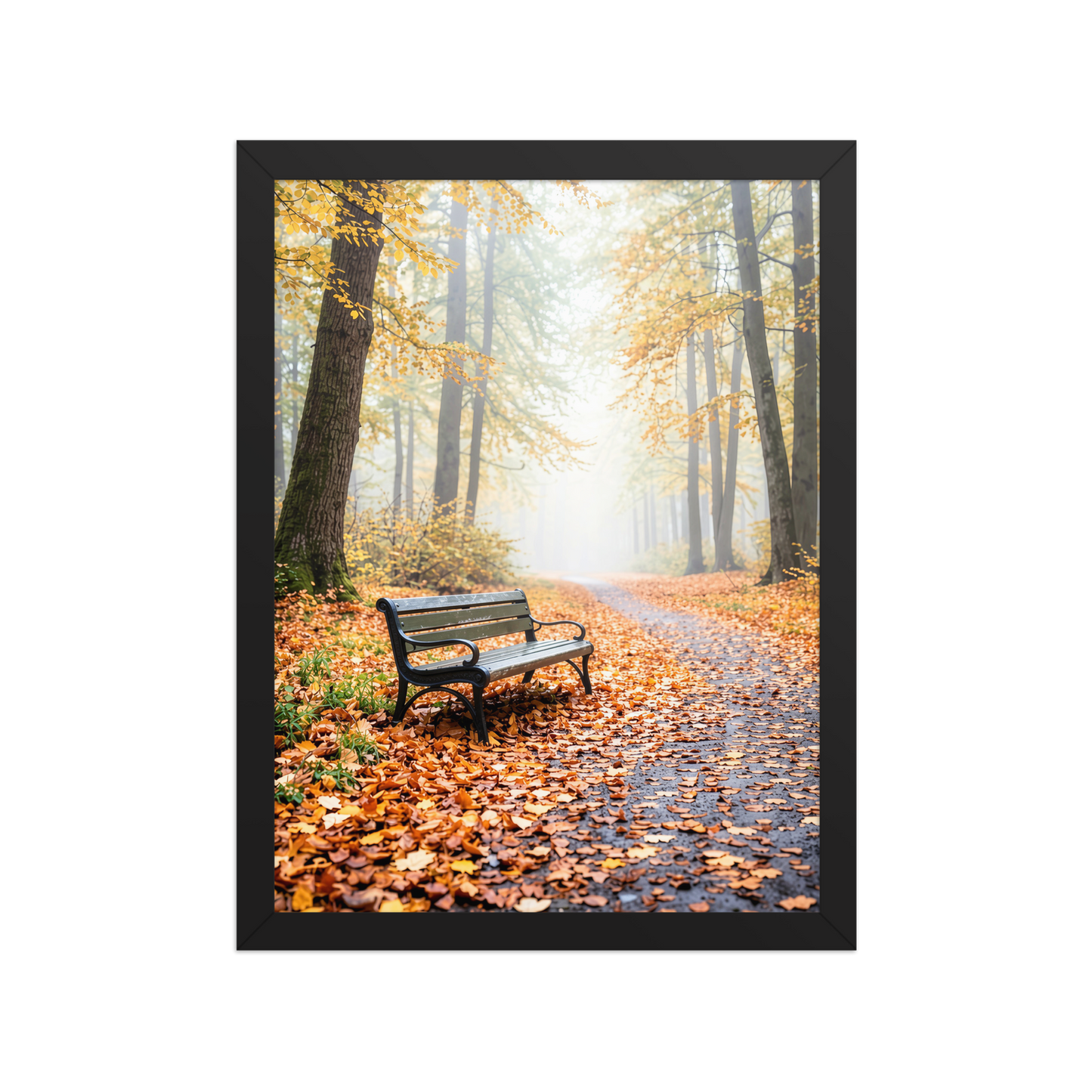 Framed autumn park bench wall art, foggy forest path fall leaves calm aesthetic poster, black frame, JMTR Jeometry Store