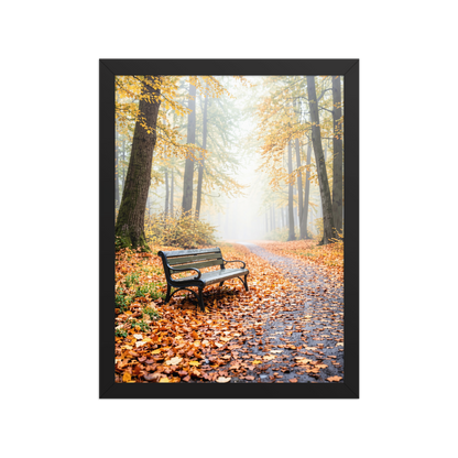 Framed autumn park bench wall art, foggy forest path fall leaves calm aesthetic poster, black frame, JMTR Jeometry Store