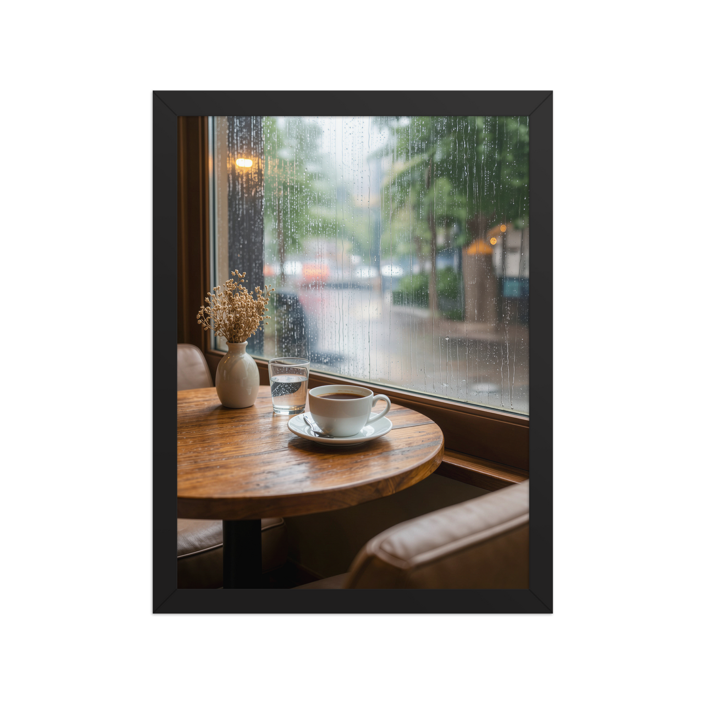 Framed rainy day cafe wall art, coffee cup by rain window calm aesthetic poster, black frame, JMTR Jeometry Store
