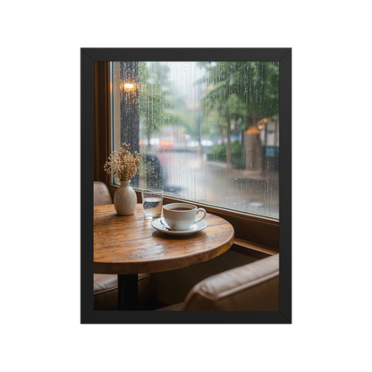 Framed rainy day cafe wall art, coffee cup by rain window calm aesthetic poster, black frame, JMTR Jeometry Store