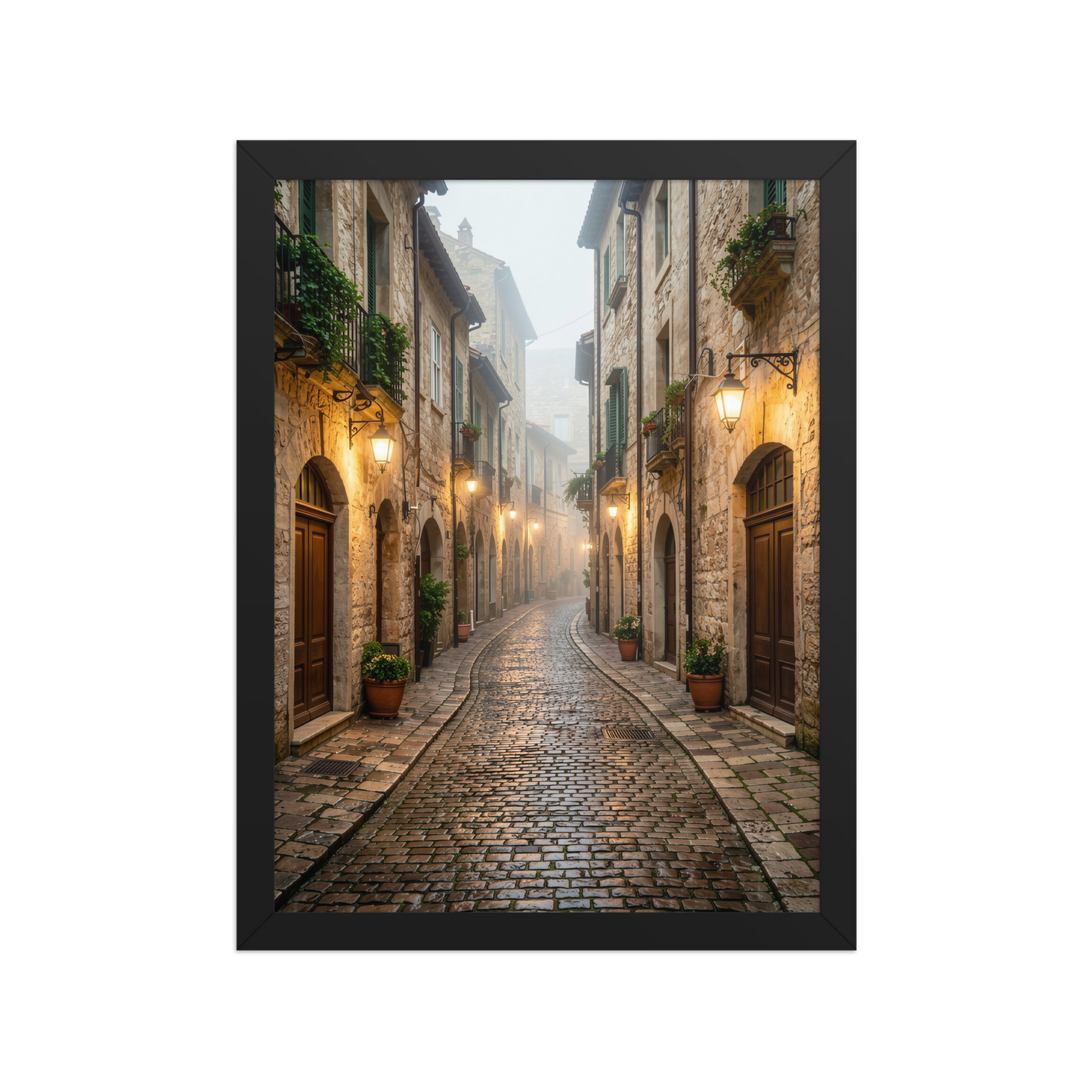 Framed Italian village cobblestone street wall art, warm lanterns foggy alley calm aesthetic poster, black frame, JMTR Jeometry Store
