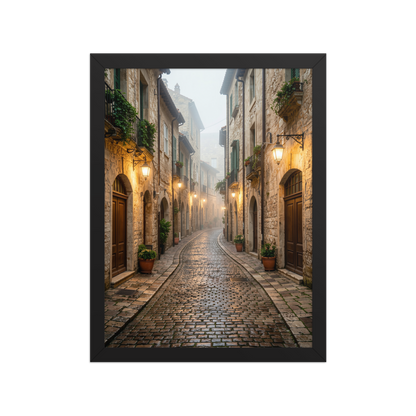 Framed Italian village cobblestone street wall art, warm lanterns foggy alley calm aesthetic poster, black frame, JMTR Jeometry Store