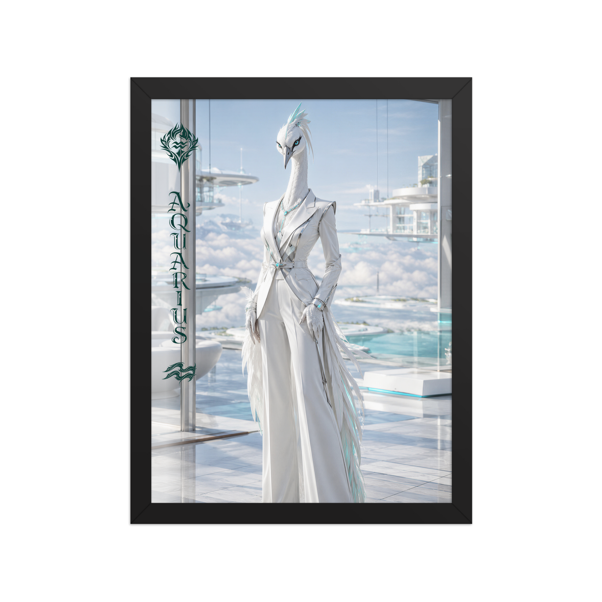 Framed Aquarius woman zodiac poster featuring a white crane standing above the clouds in a futuristic celestial city