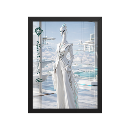 Framed Aquarius woman zodiac poster featuring a white crane standing above the clouds in a futuristic celestial city