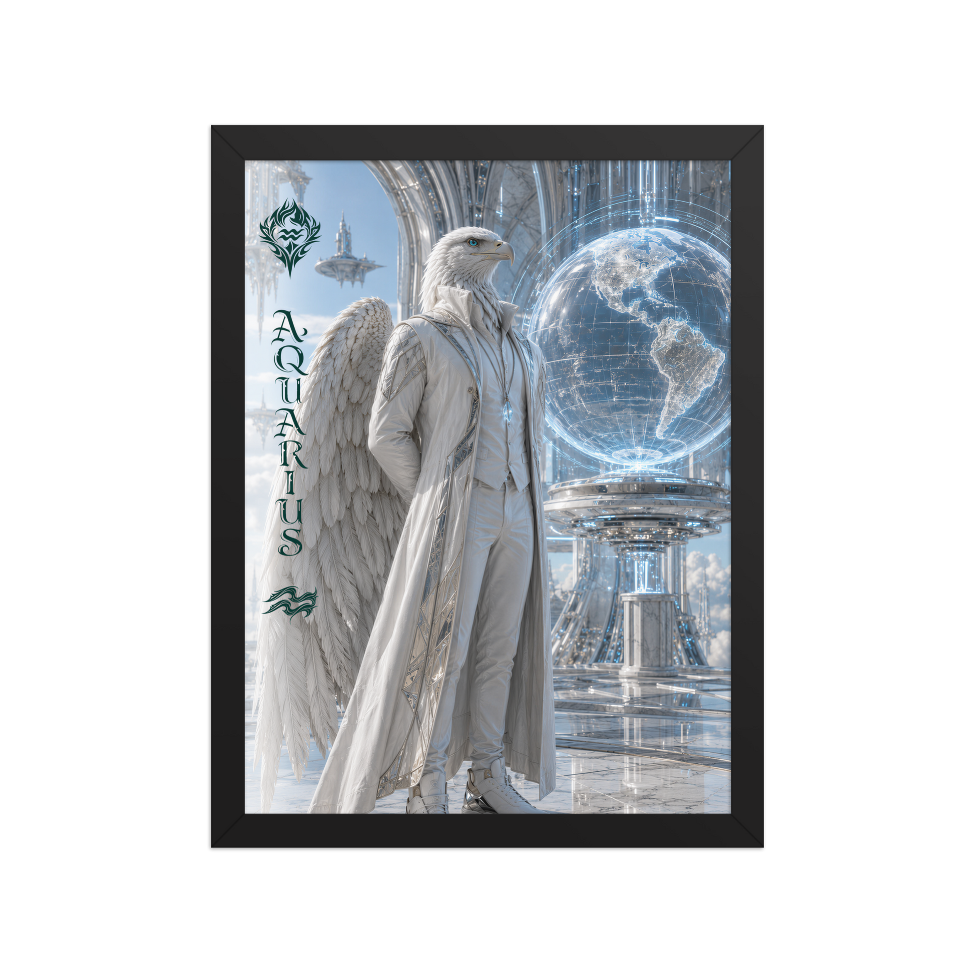 Framed Aquarius man zodiac poster featuring a white eagle standing before a glowing world in a futuristic celestial city