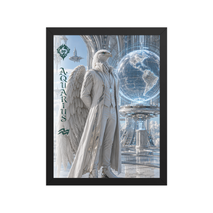 Framed Aquarius man zodiac poster featuring a white eagle standing before a glowing world in a futuristic celestial city