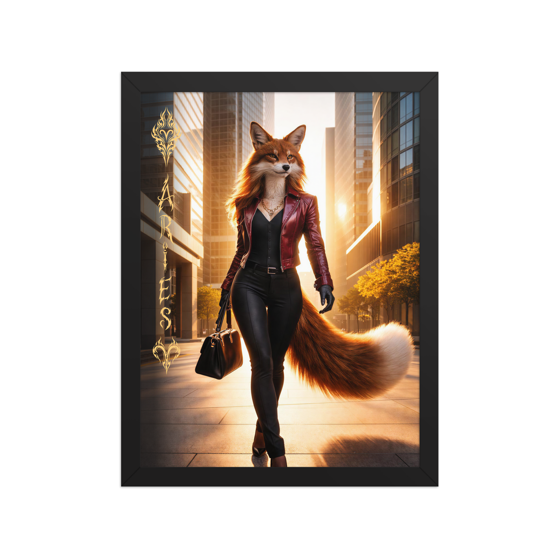 Framed Aries fox woman zodiac poster walking through a modern city at sunset