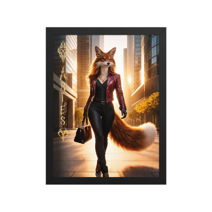 Framed Aries fox woman zodiac poster walking through a modern city at sunset