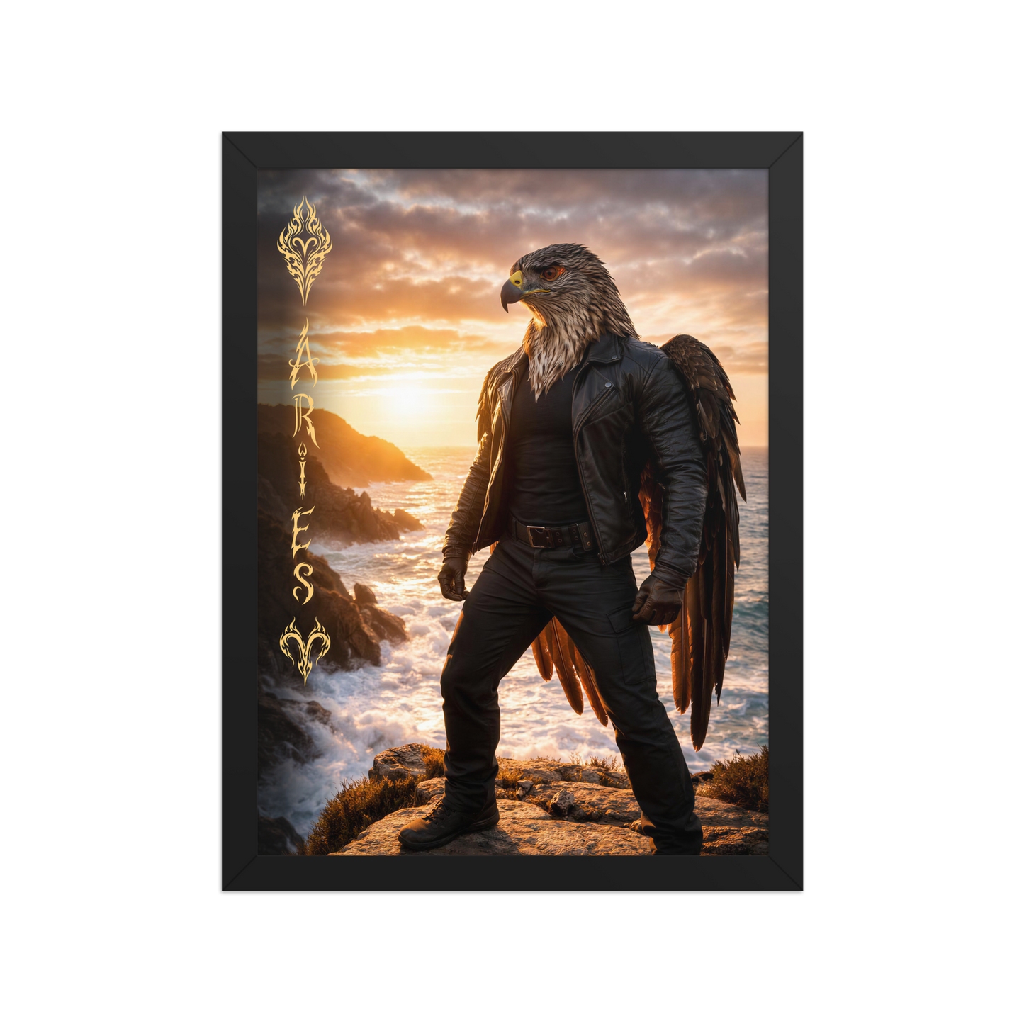 Framed Aries man poster featuring a powerful eagle figure standing above ocean cliffs at sunset, symbolizing strength, courage, and leadership.