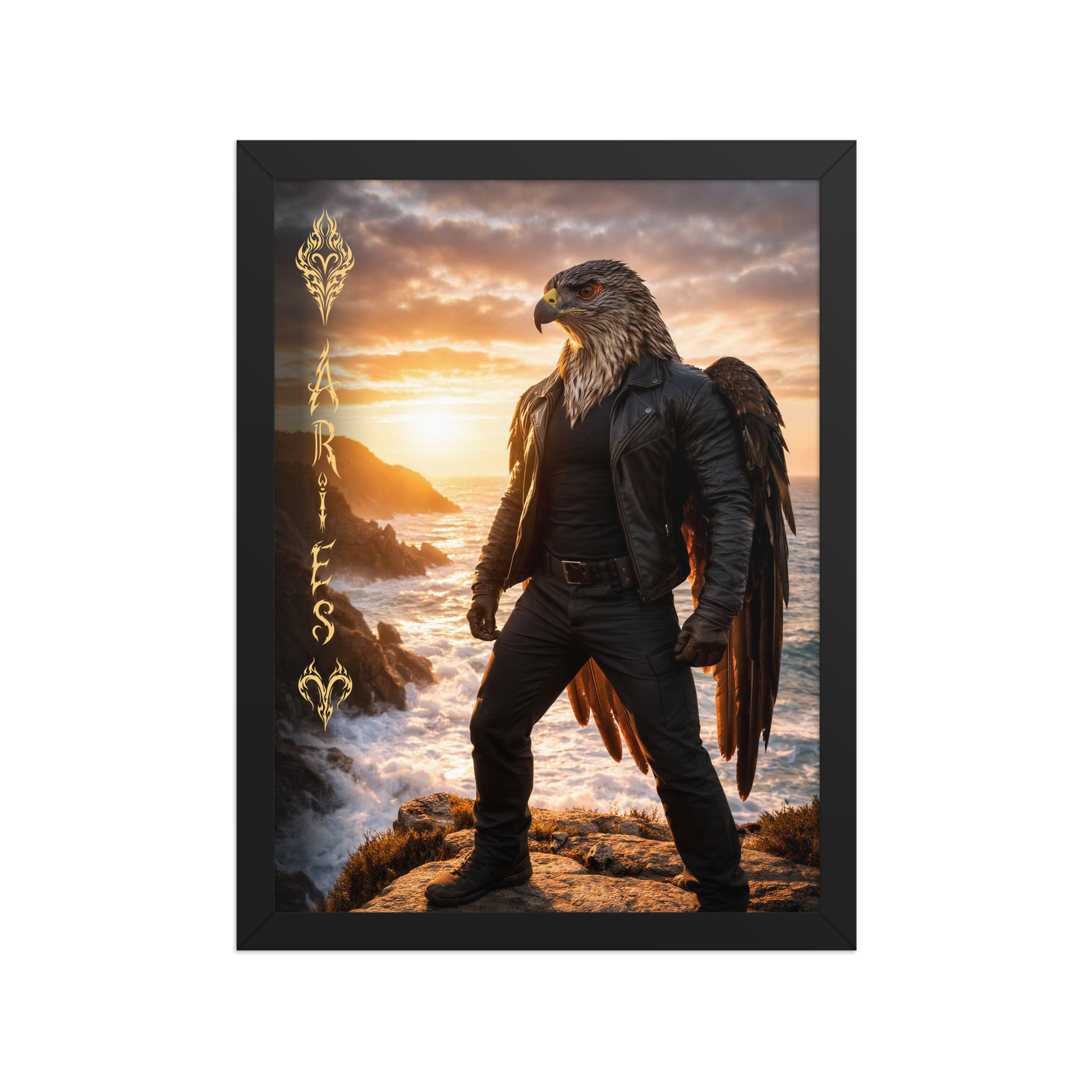 Framed Aries man poster featuring a powerful eagle figure standing above ocean cliffs at sunset, symbolizing strength, courage, and leadership.