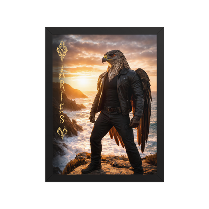 Framed Aries man poster featuring a powerful eagle figure standing above ocean cliffs at sunset, symbolizing strength, courage, and leadership.