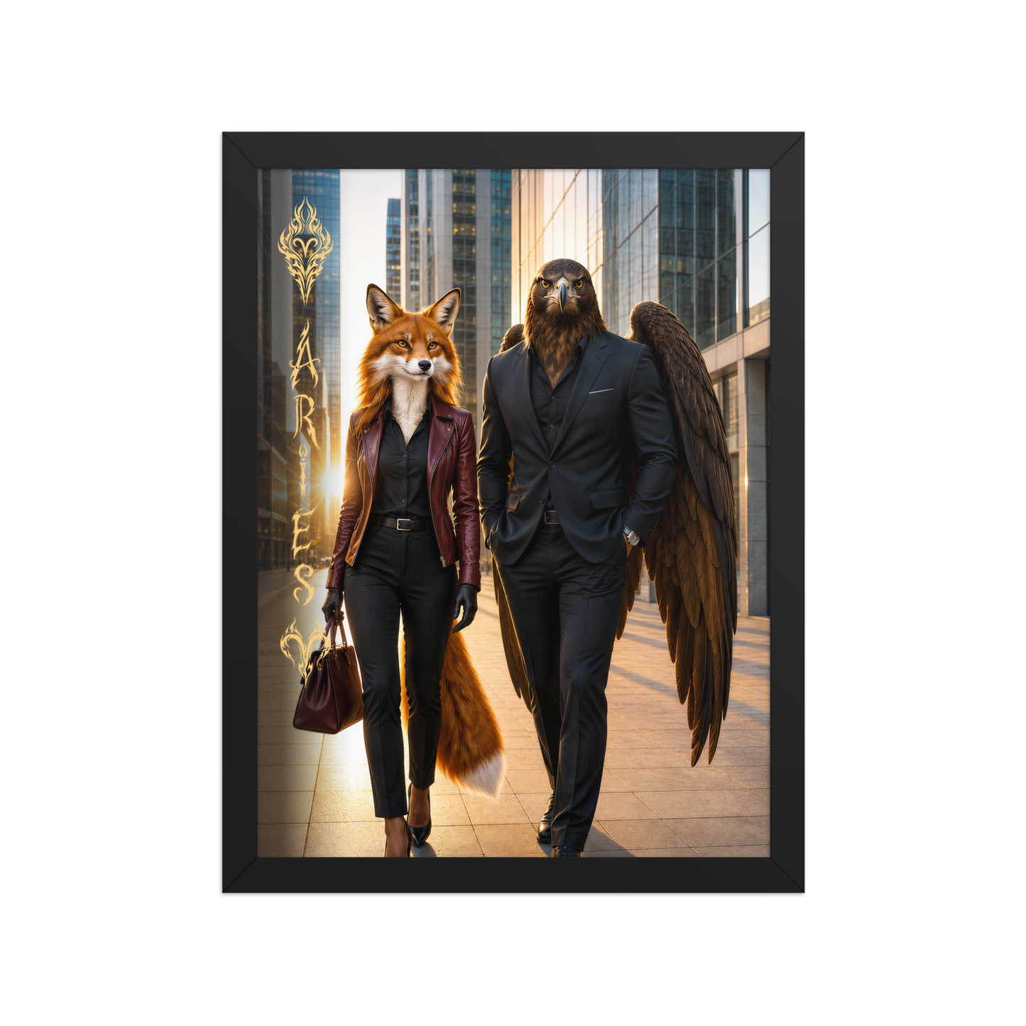 Framed Aries power couple poster featuring eagle and fox archetypes walking through a modern city, symbolizing strength, ambition, and partnership.