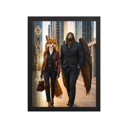 Framed Aries power couple poster featuring eagle and fox archetypes walking through a modern city, symbolizing strength, ambition, and partnership.