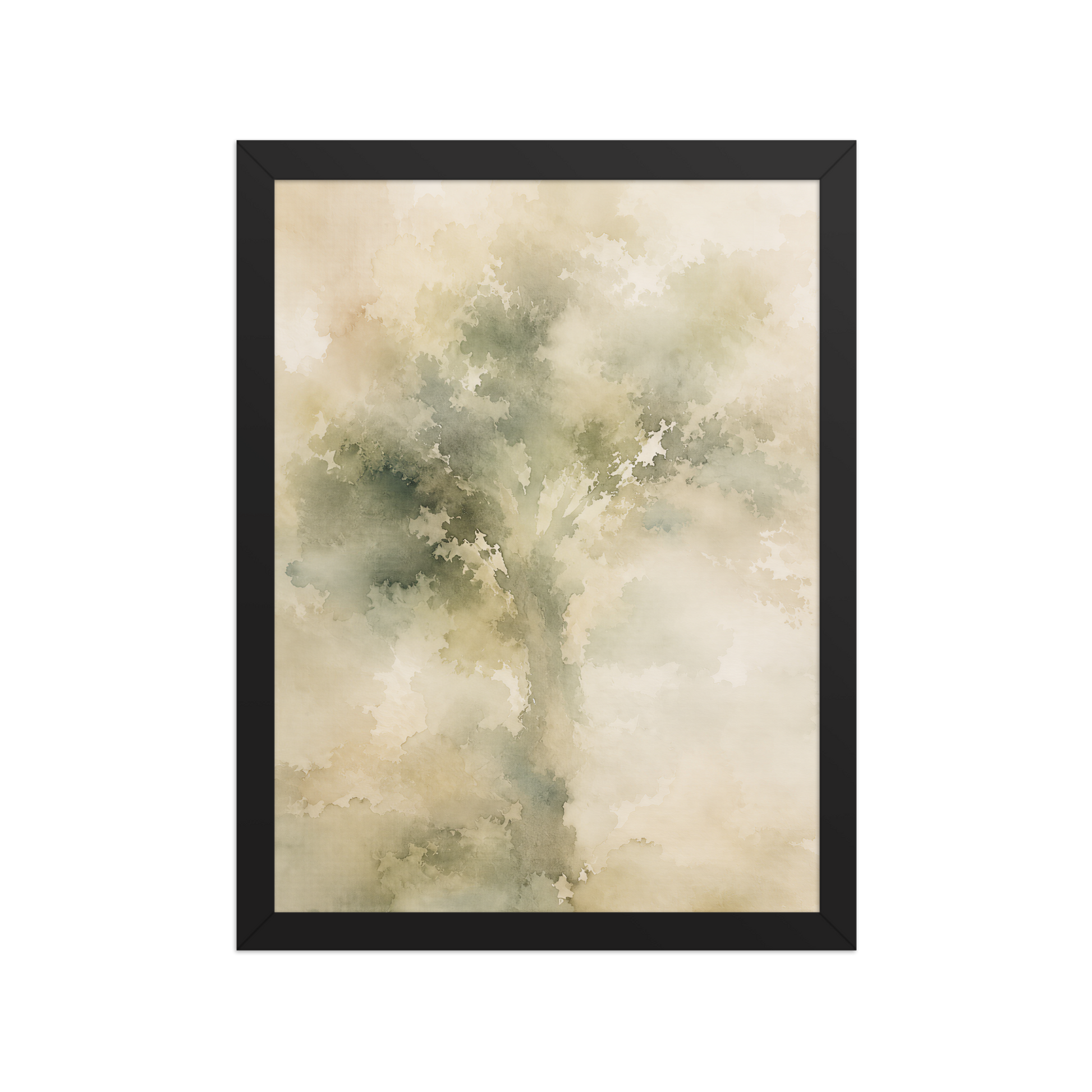 Framed minimalist nature poster featuring a softly emerging tree form in muted green and warm neutral tones.