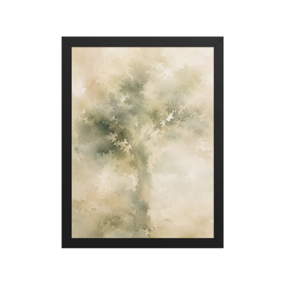 Framed minimalist nature poster featuring a softly emerging tree form in muted green and warm neutral tones.